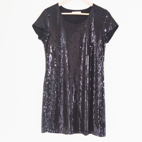 TULLE Mini Shift Dress Size S Black Allover Sequin Embellished Party Sparkly - Picture 1 of 11